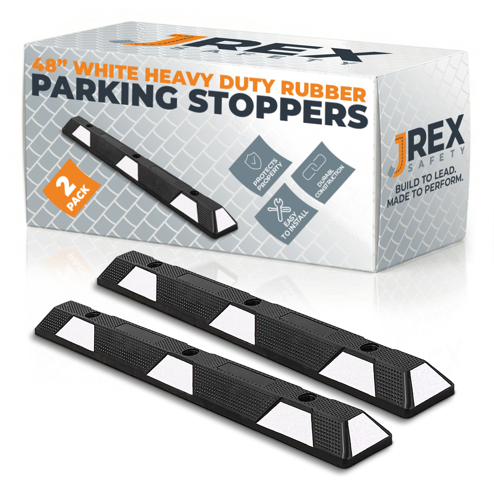 48" Rubber Parking Block Curb Stop - White Reflective Strip - 2 Pack